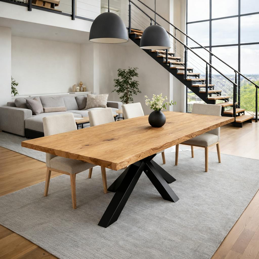 Table extensible chêne huilé bords naturels pied noir 220 cm PALERME