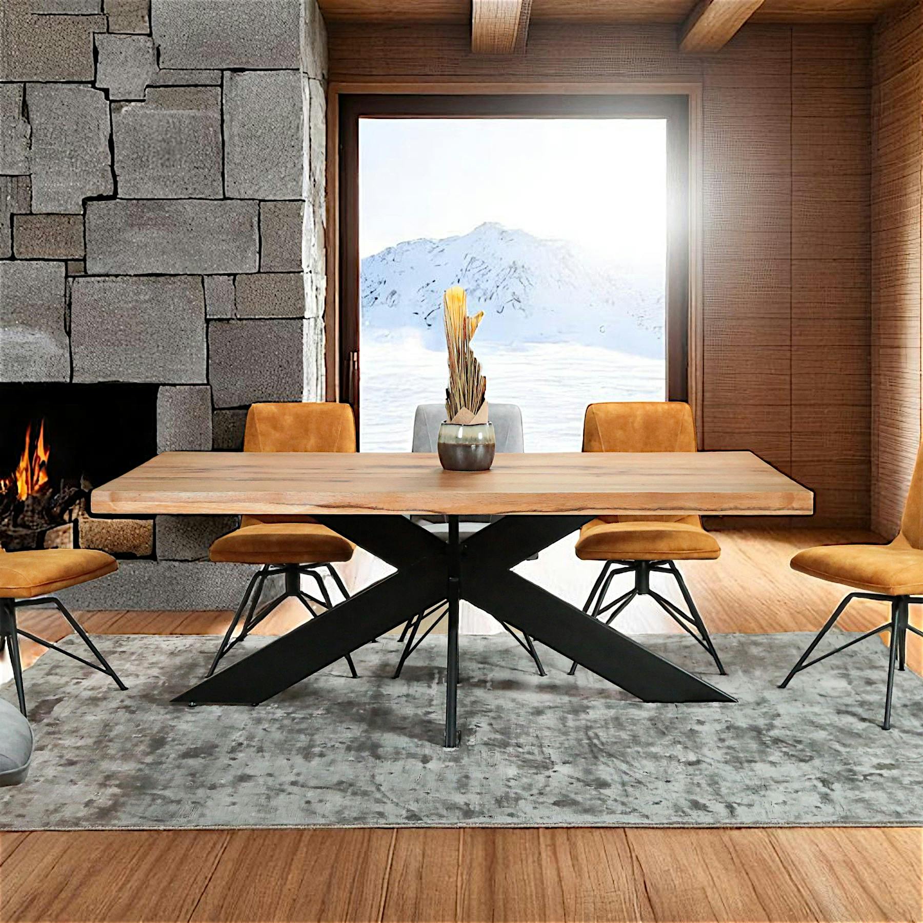 Table extensible chêne huilé bords naturels pied noir fin 220 cm PALERME