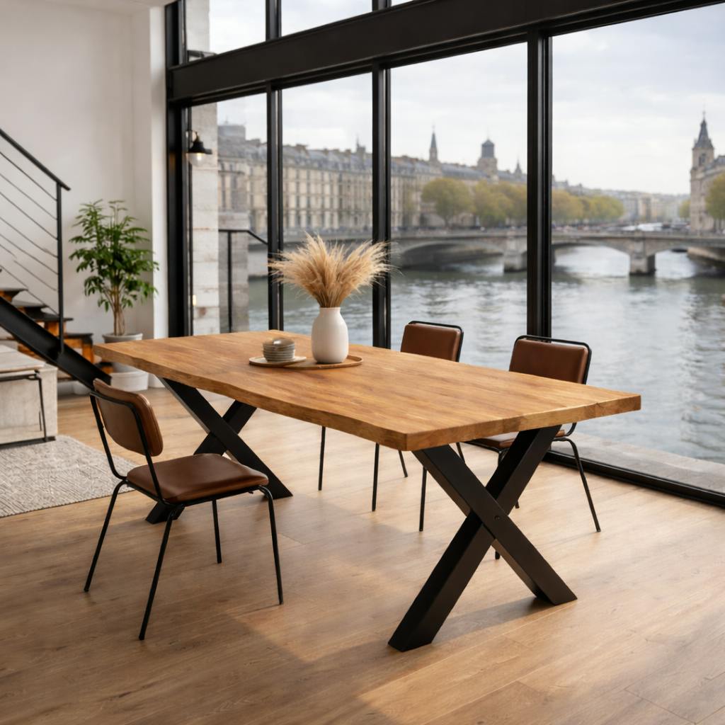 Table extensible chêne huilé bords naturels pieds en X 180 cm PALERME