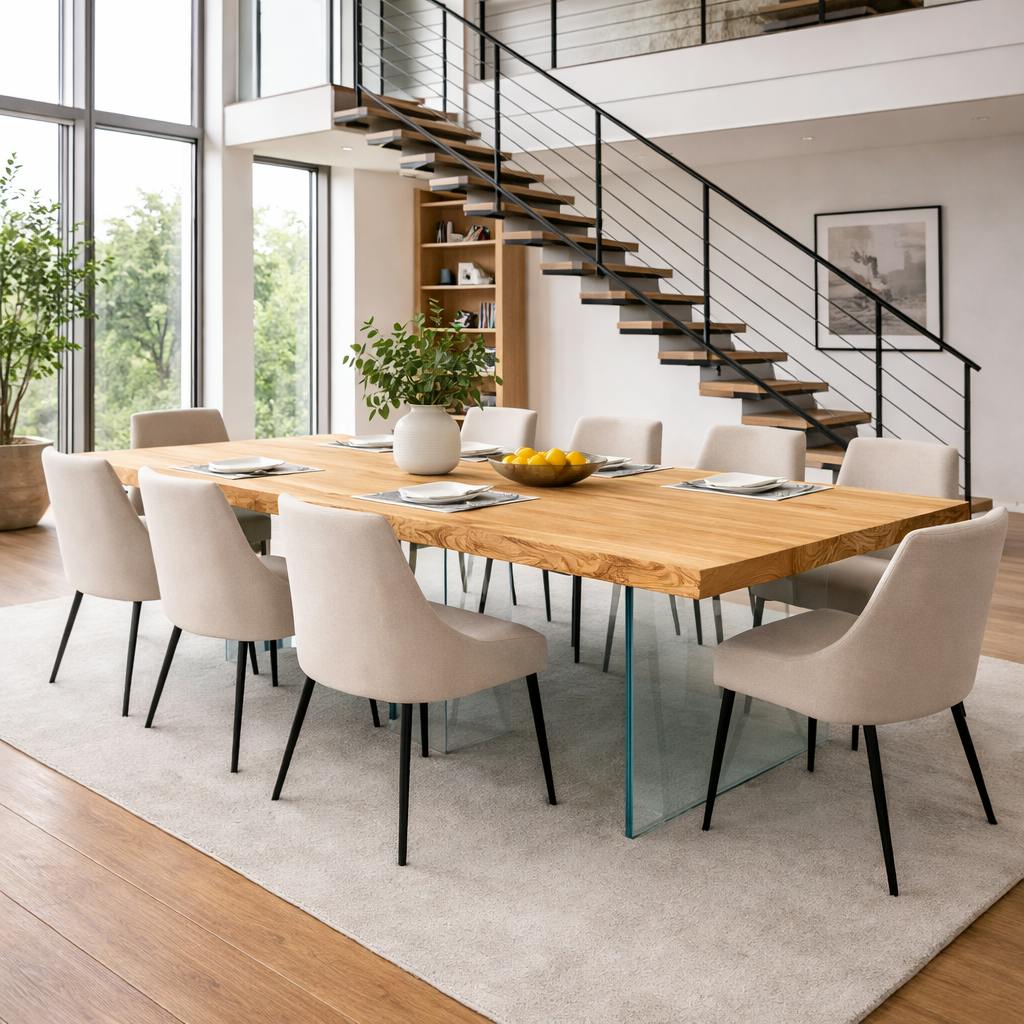 Table extensible chêne huilé bords naturels pieds verre 240 cm PALERME