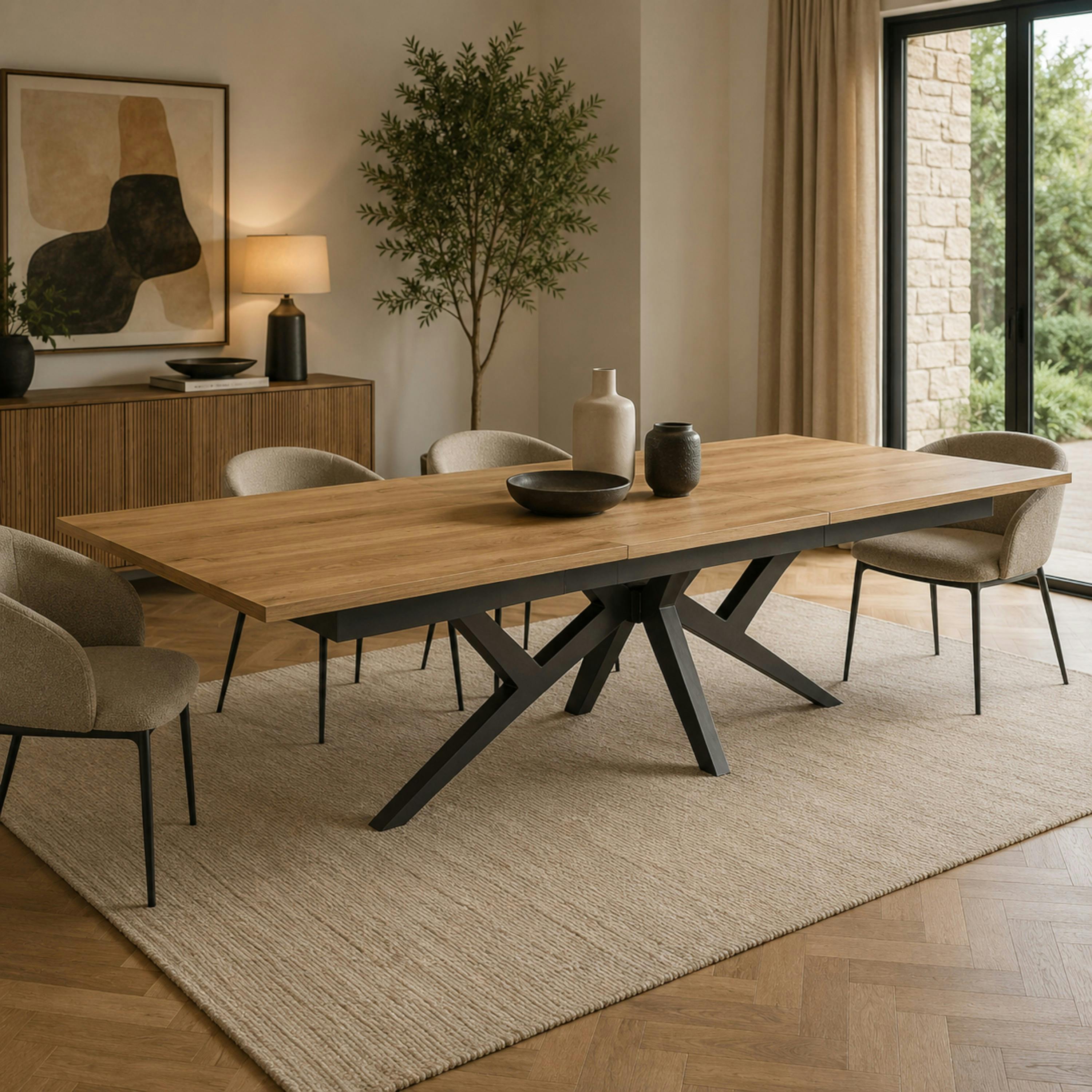 Table extensible décor chêne clair & métal noir 220-360 cm DALLAS