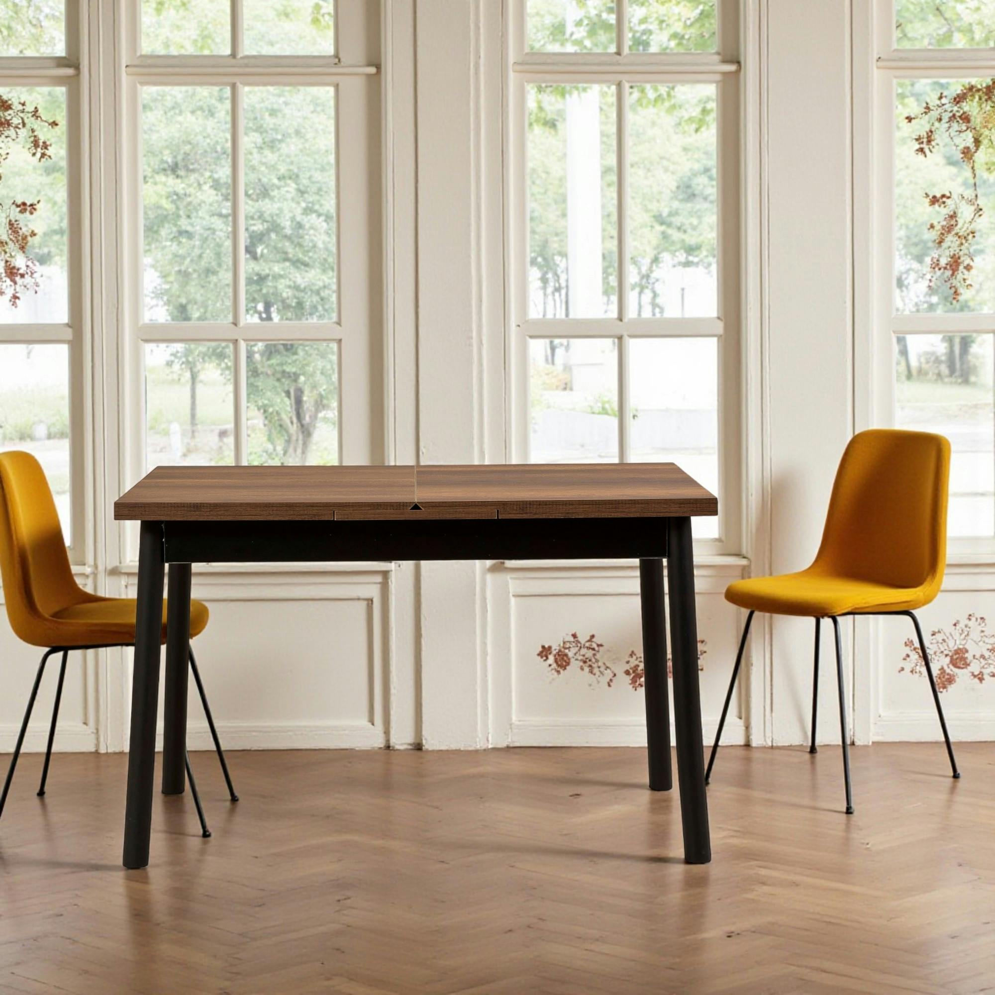 Table extensible effet noyer, pieds noirs 120-153 cm ARDEN