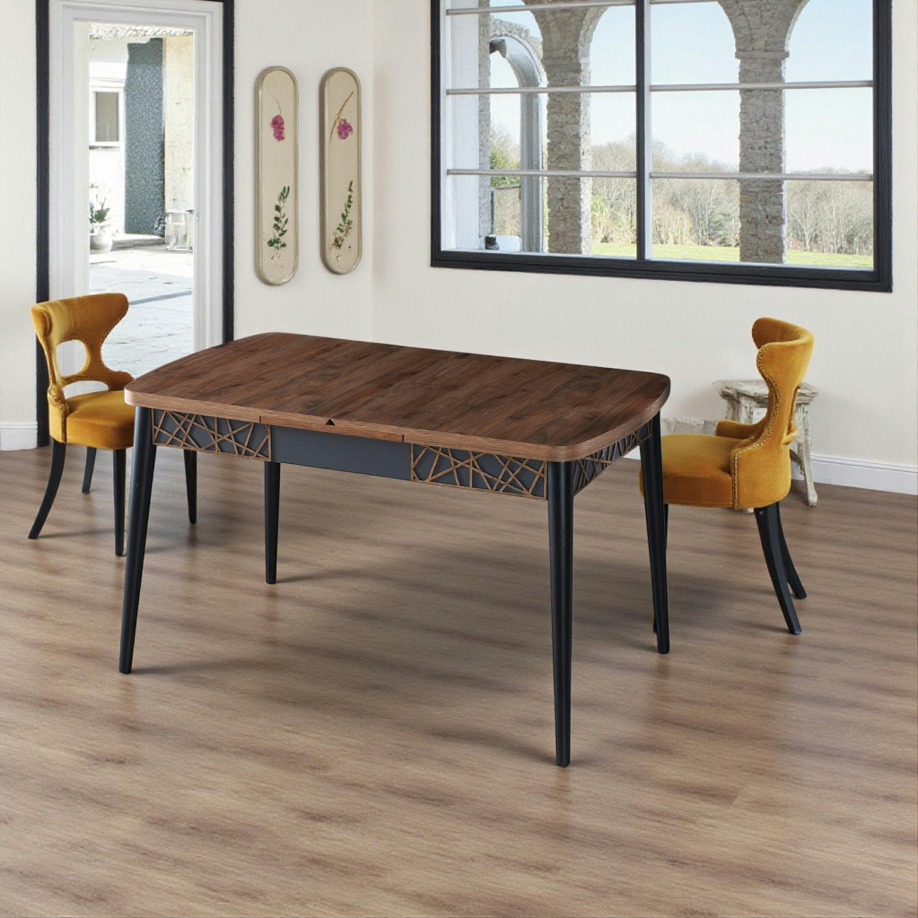 Table extensible effet noyer, pieds noirs 132-170 cm LUNOR