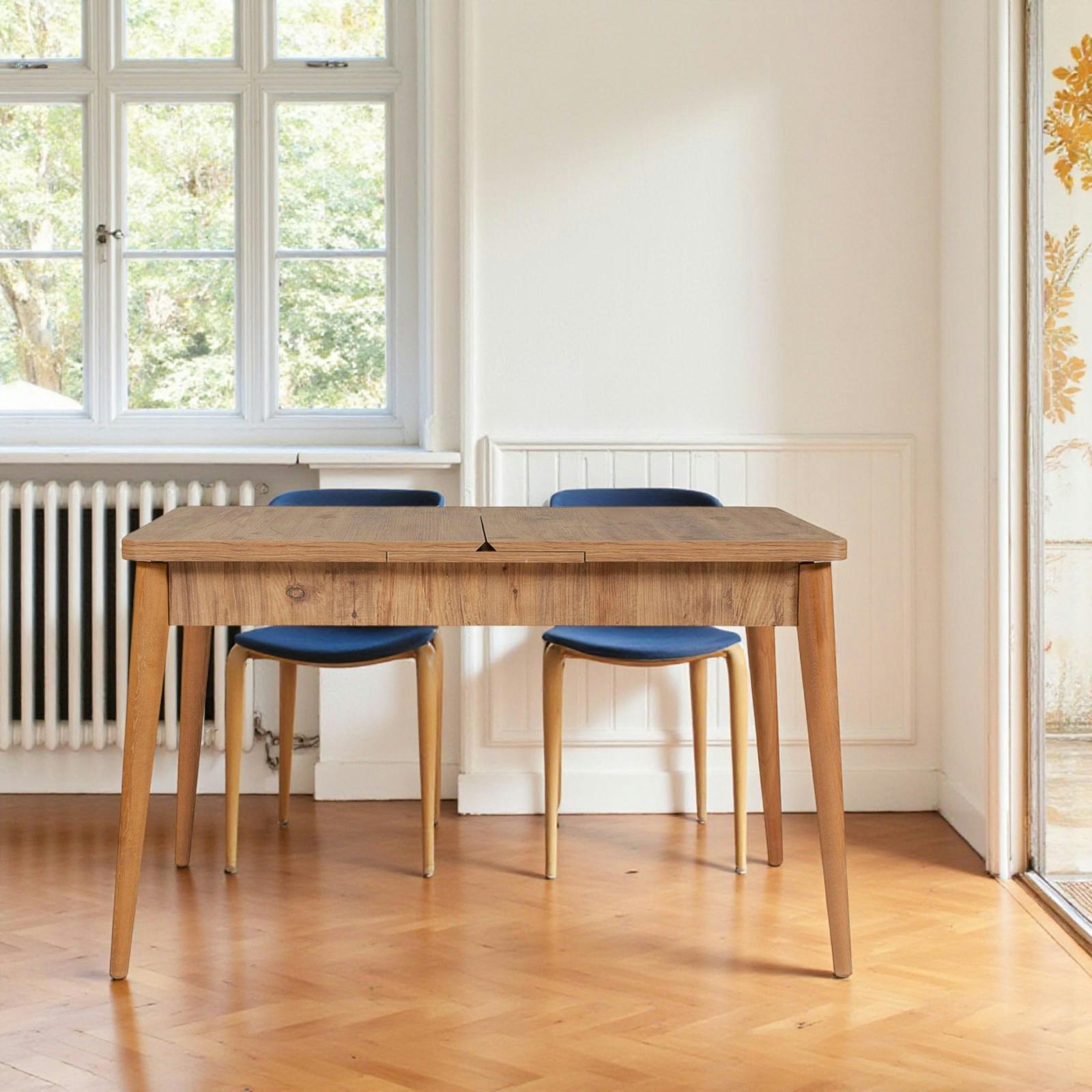 Table extensible effet pin, rangement intégré 130-165 cm ORINA