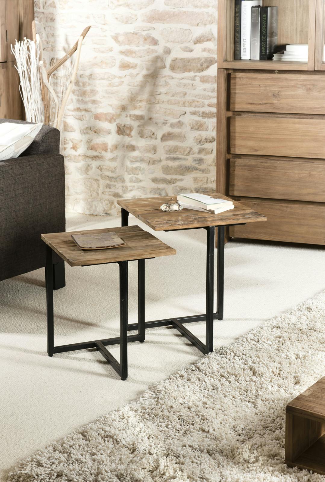 Table gigogne bois de teck recyclé métal noir SWING (lot de 2)