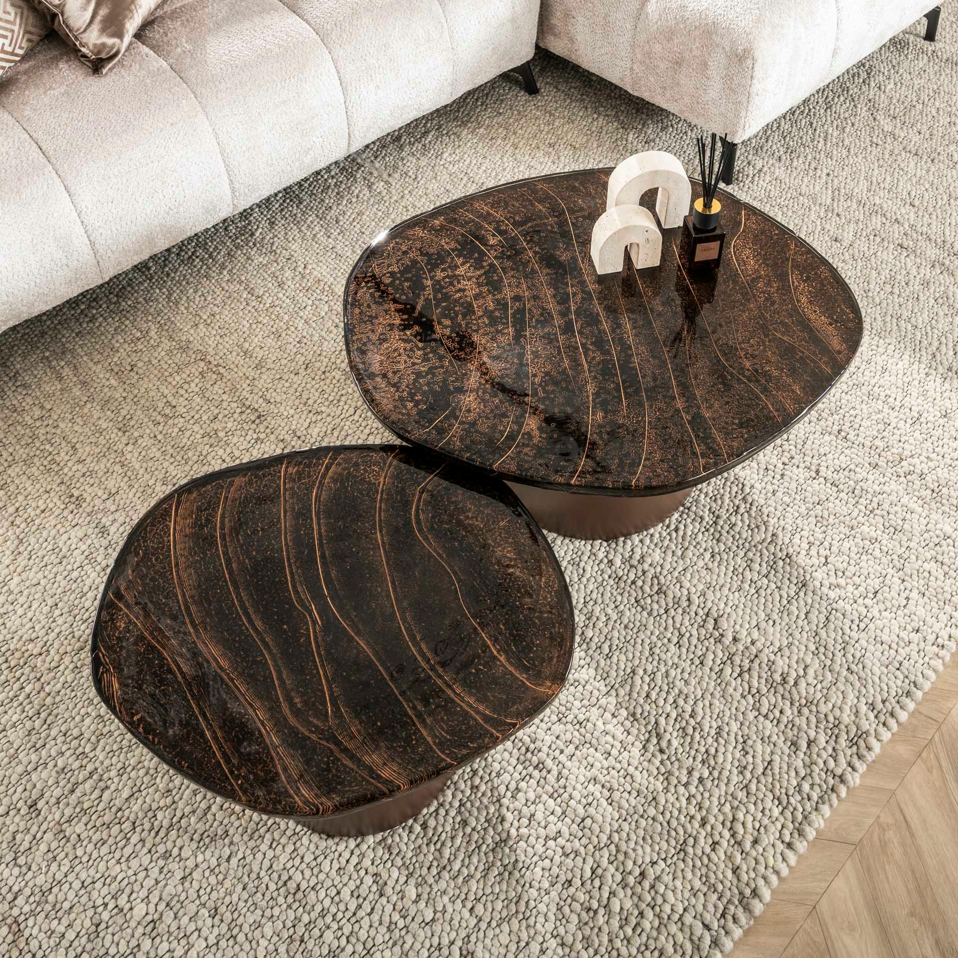 Table gigogne en verre – finition cuivre antique (lot de 2) LAGUNA