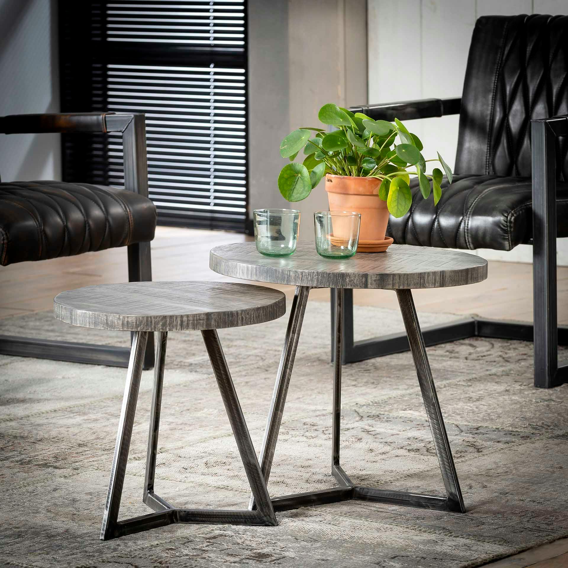Table gigogne ronde bois de manguier gris métal (2 pièces) LUCKNOW