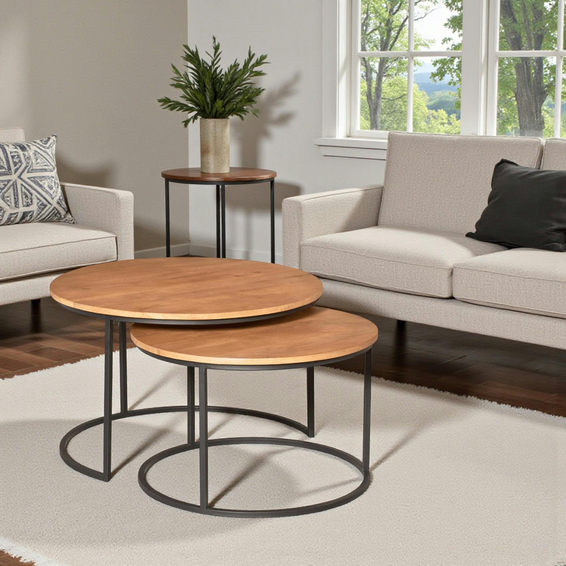 Table gigogne ronde en bois clair et métal noir (lot de 2) RIVANO