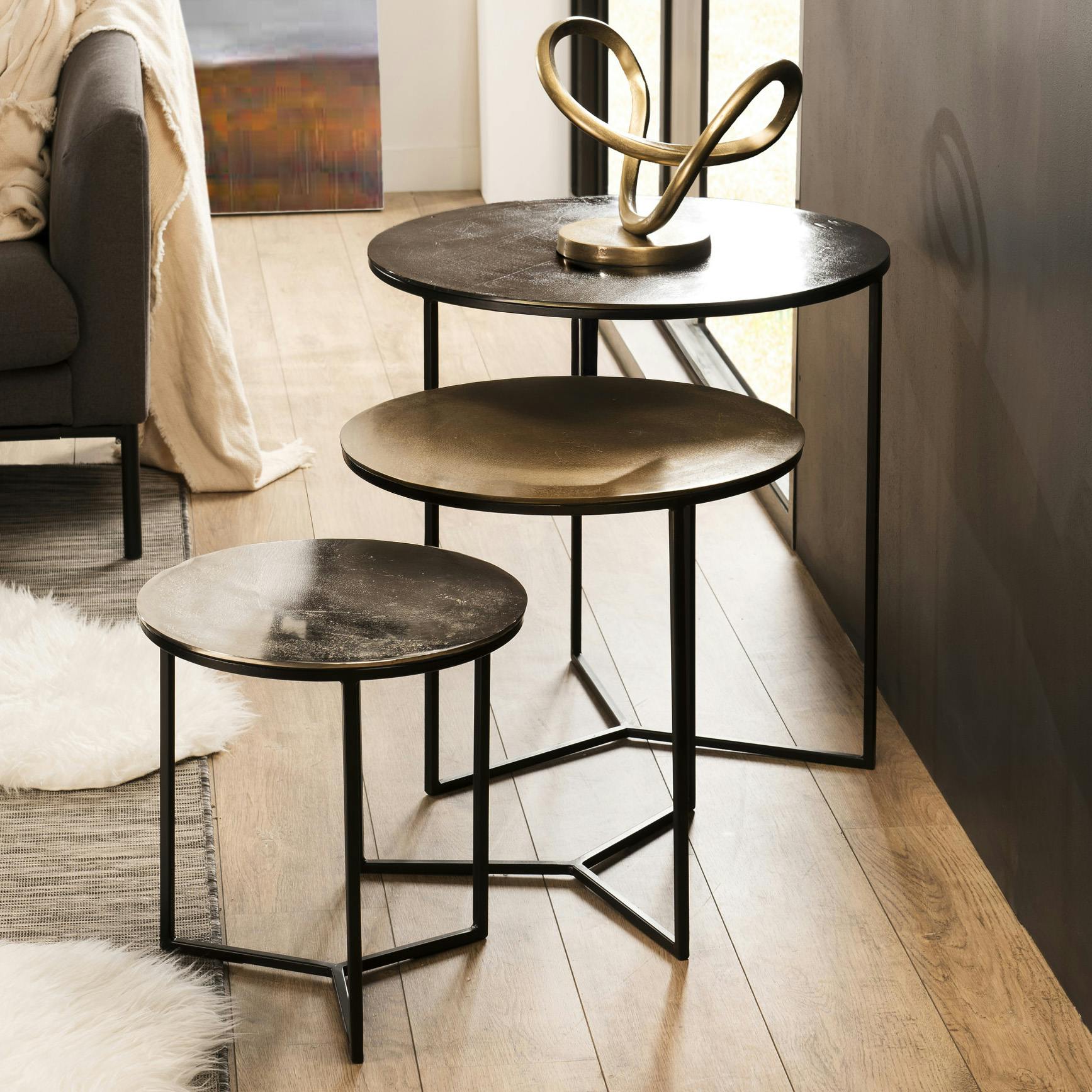 Table gigogne ronde noir or argent (lot de 3) ZALA