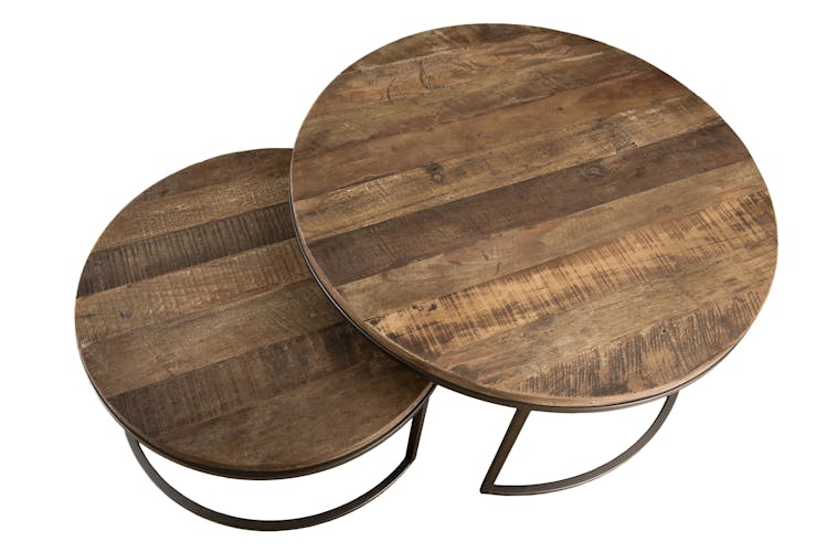 Table basse gigogne en bois recycle et metal de style contemporain