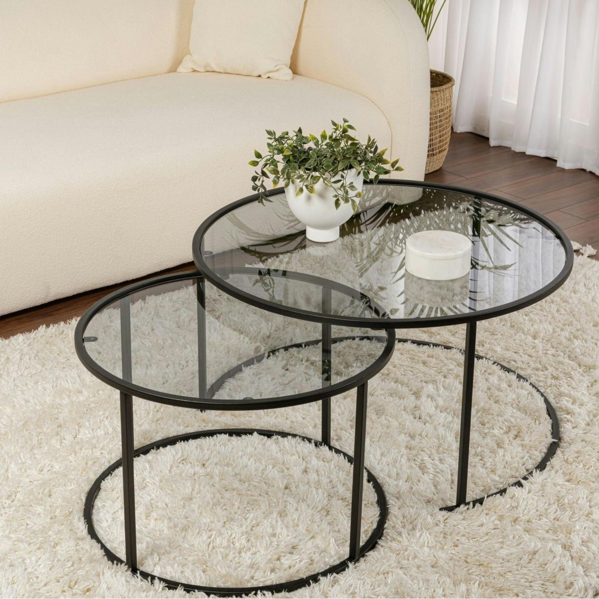 Table gigogne verre fumé - cadre noir (lot de 2) ⌀80 cm TULUM