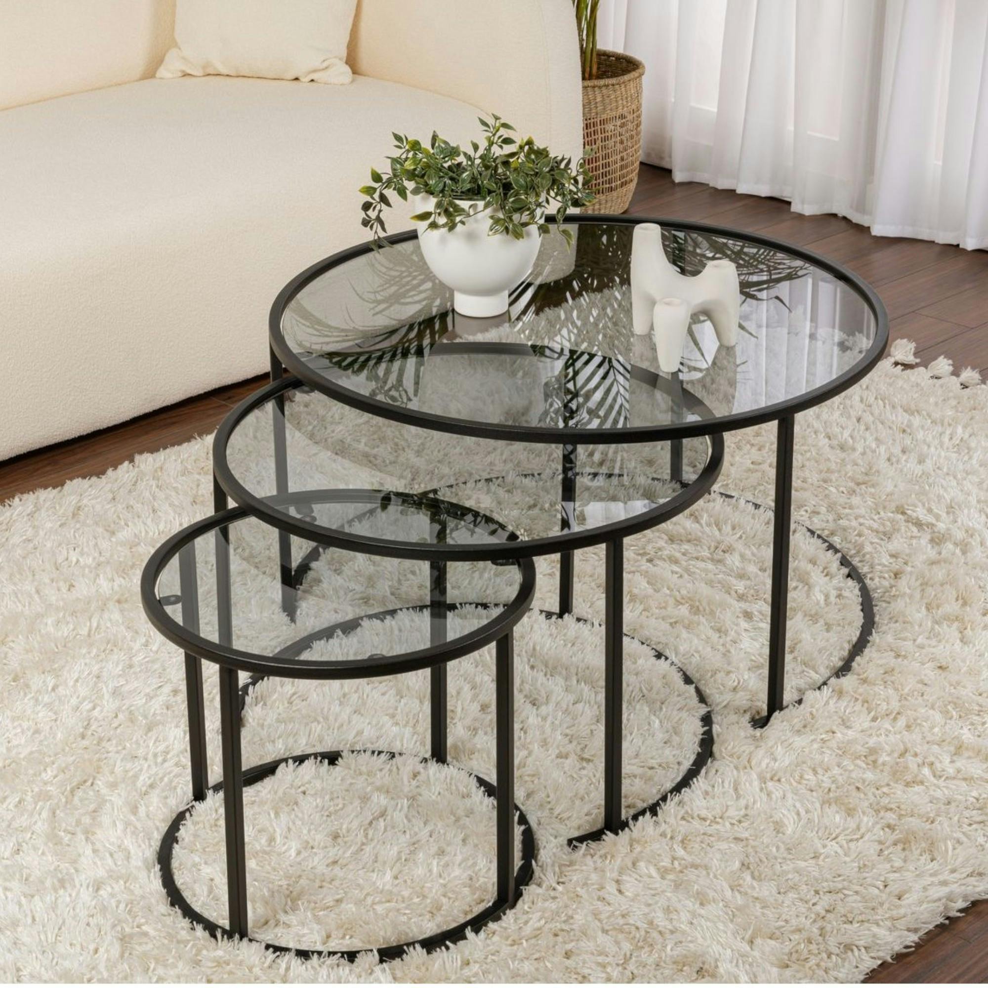 Table gigogne verre fumé - cadre noir (lot de 3) ⌀80 cm TULUM