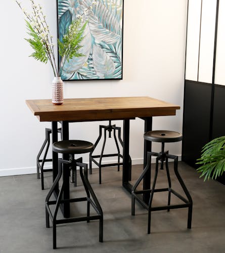 Table haute mange debout extensible en bois recycle et metal style industriel