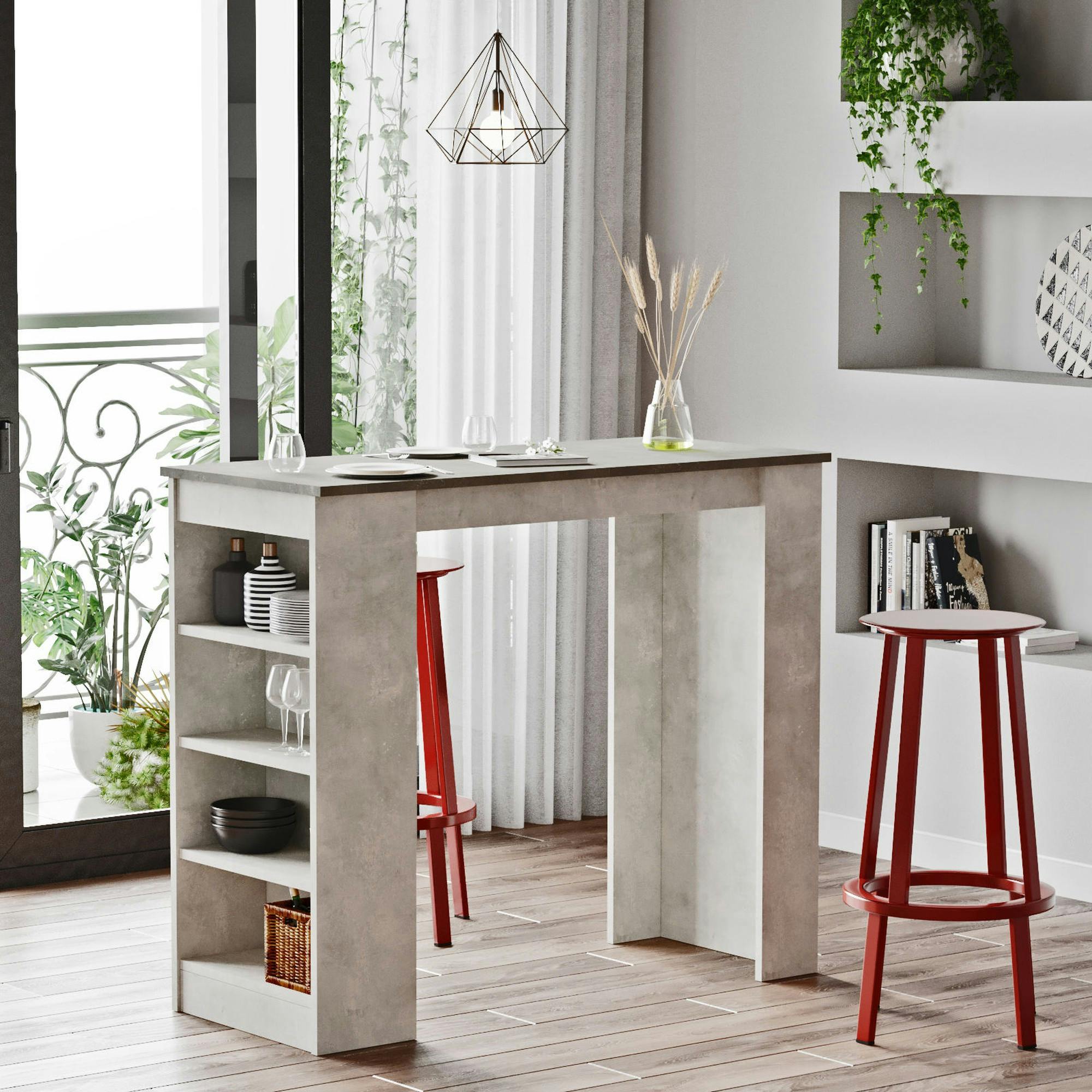 Table haute grise cuisine avec étagères intégrées MARFA