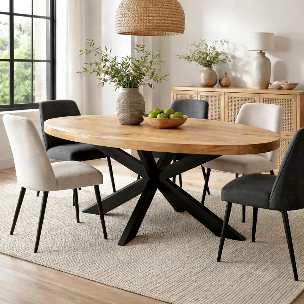 Table ovale bois clair pied croisé métal noir 240 cm RIVANO