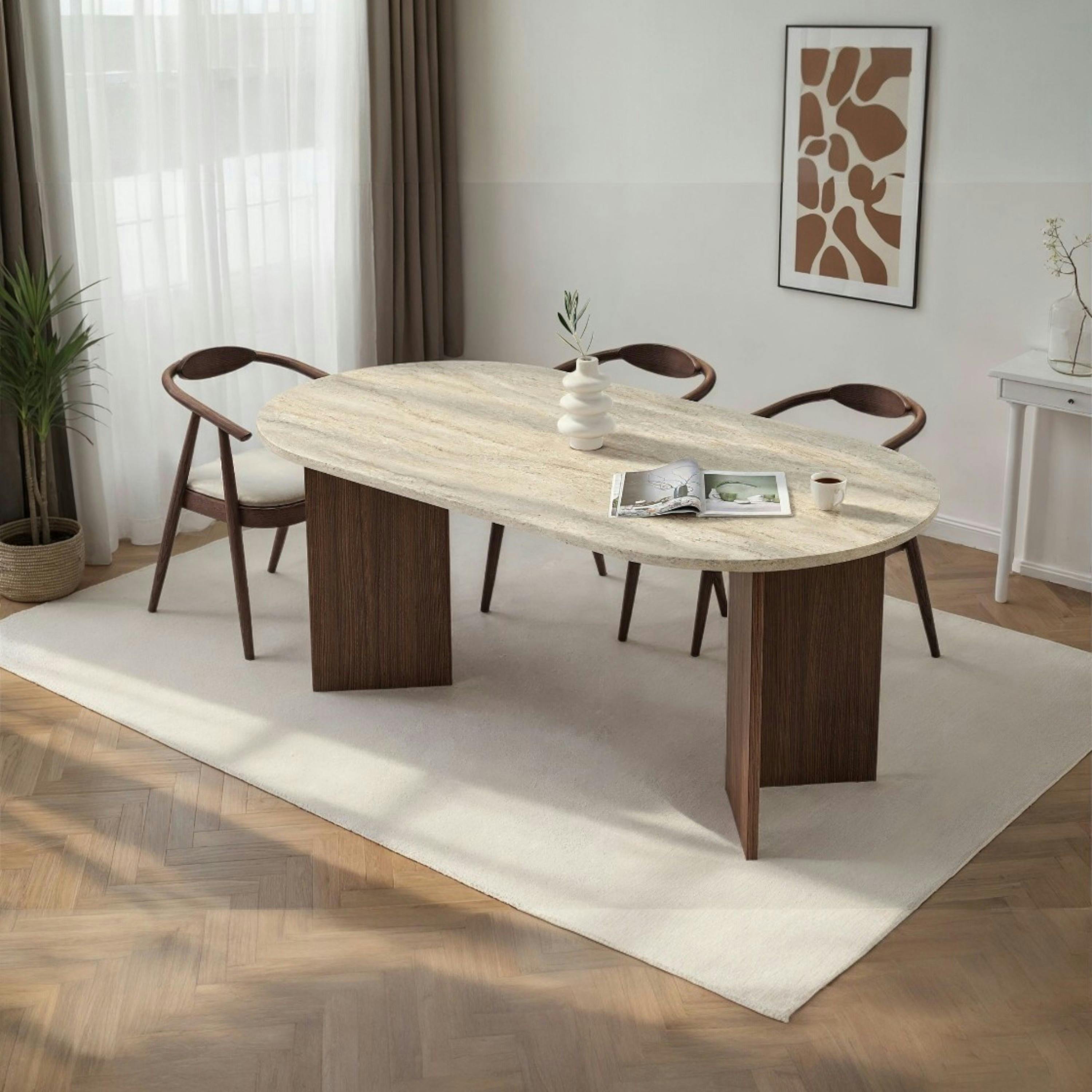 Table ovale effet travertin et bois foncé 180 cm MARFA
