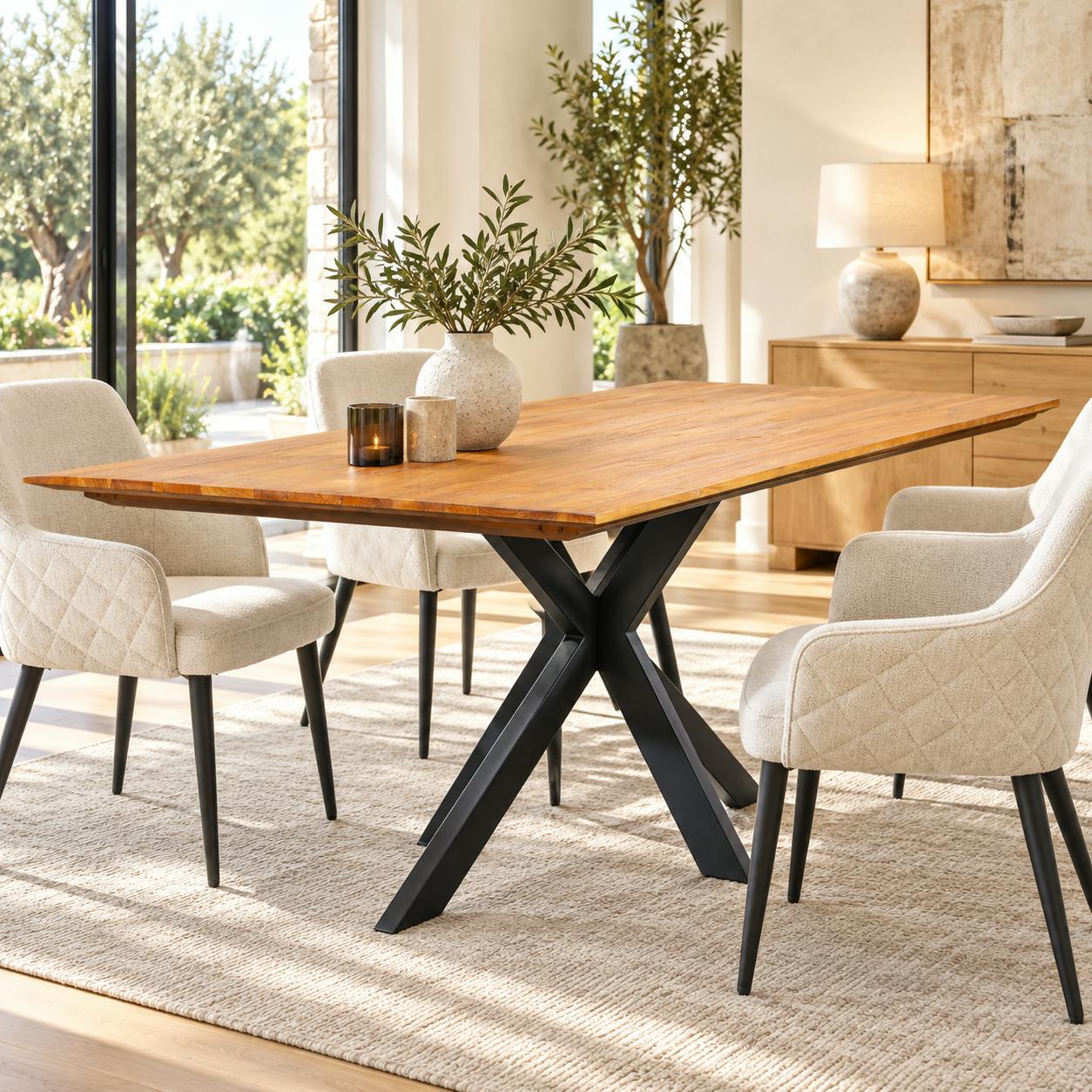 Table pied central bois recyclé teck 180 cm BARBADE