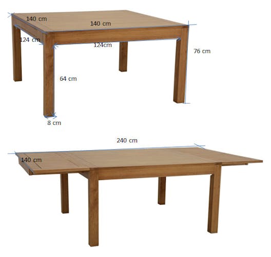 Table repas carrée extensible hévéa 140/240cm OLGA