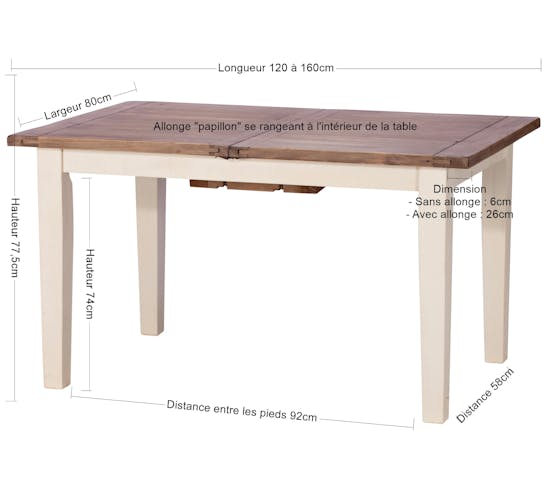 Table a manger rectangulaire extensible bois recycle FSC blanc
