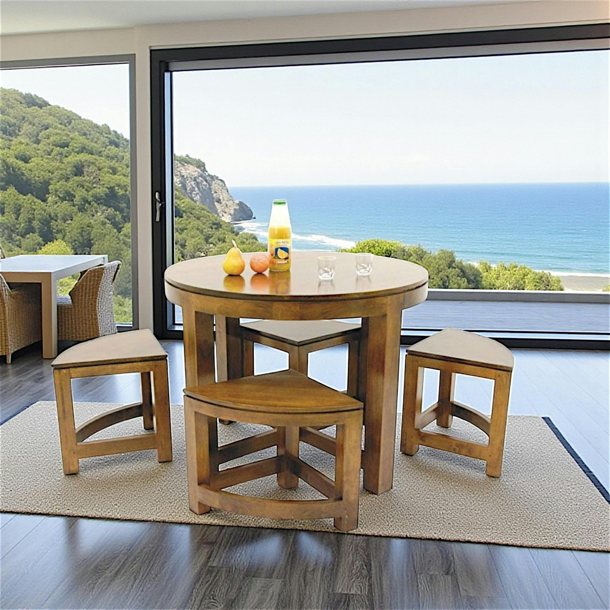 Table repas ronde D100cm hévéa + 4 tabourets MAORI