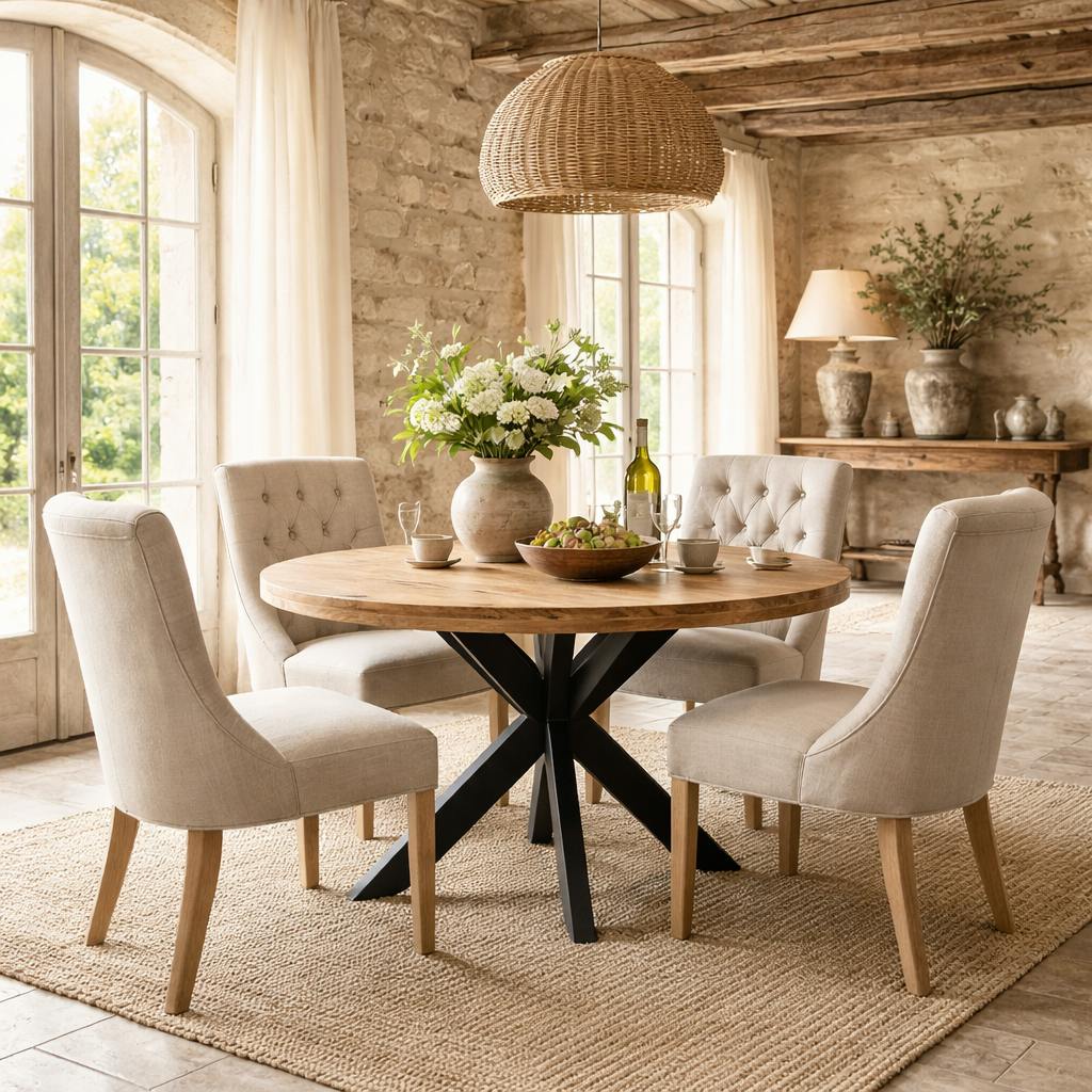 Table ronde bois clair pied croisé métal noir Ø120 cm RIVANO