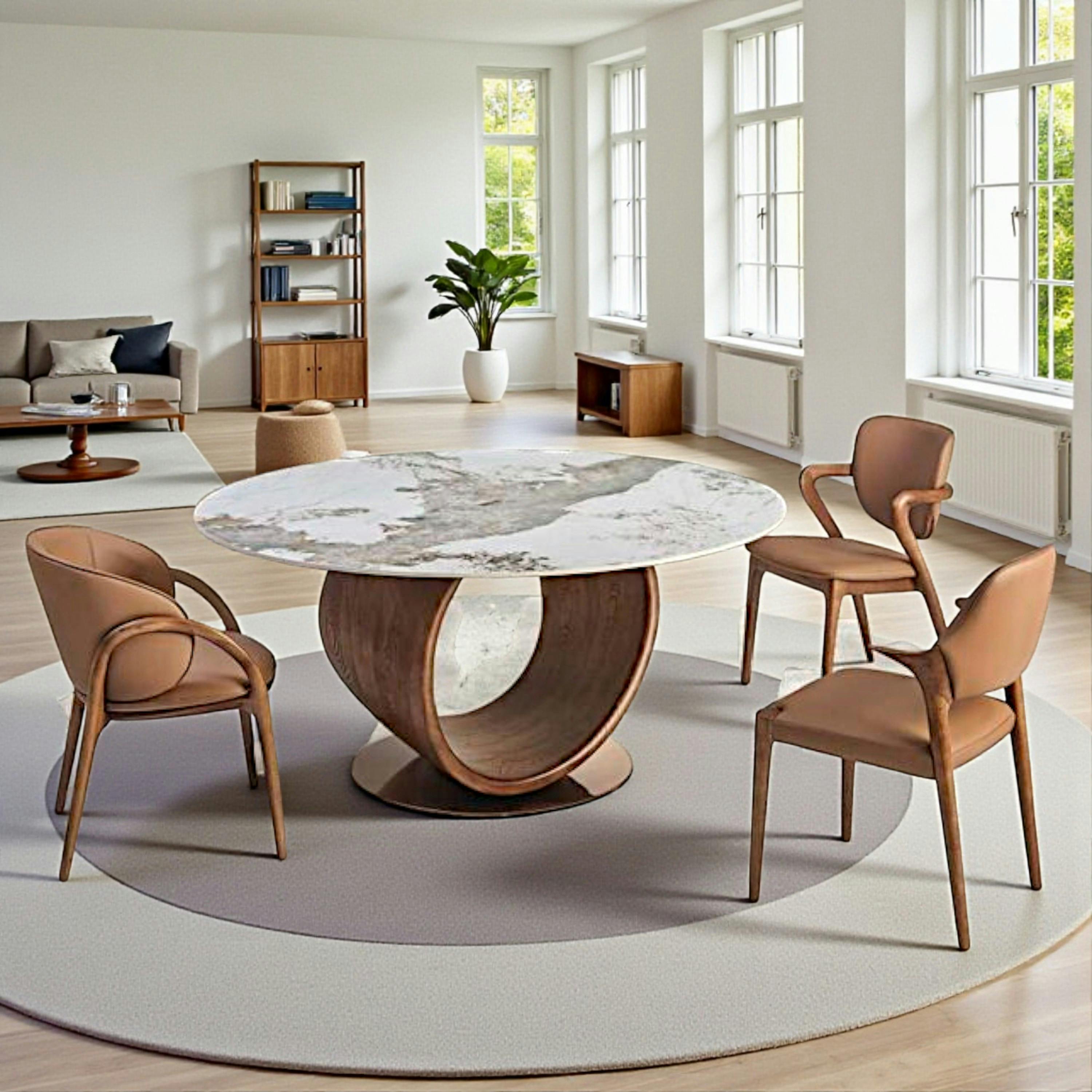 Table ronde céramique marbrée, pied design bois brun ALDER