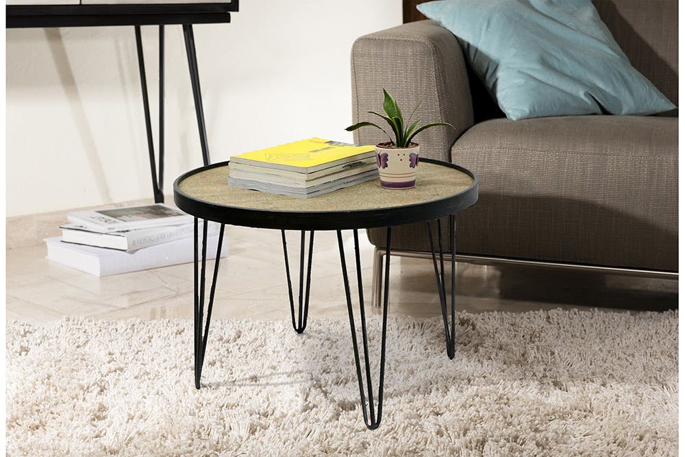 Table ronde D50cm plateau bois cerclé métal et pieds métal en épingle D50xH35cm LAZURO