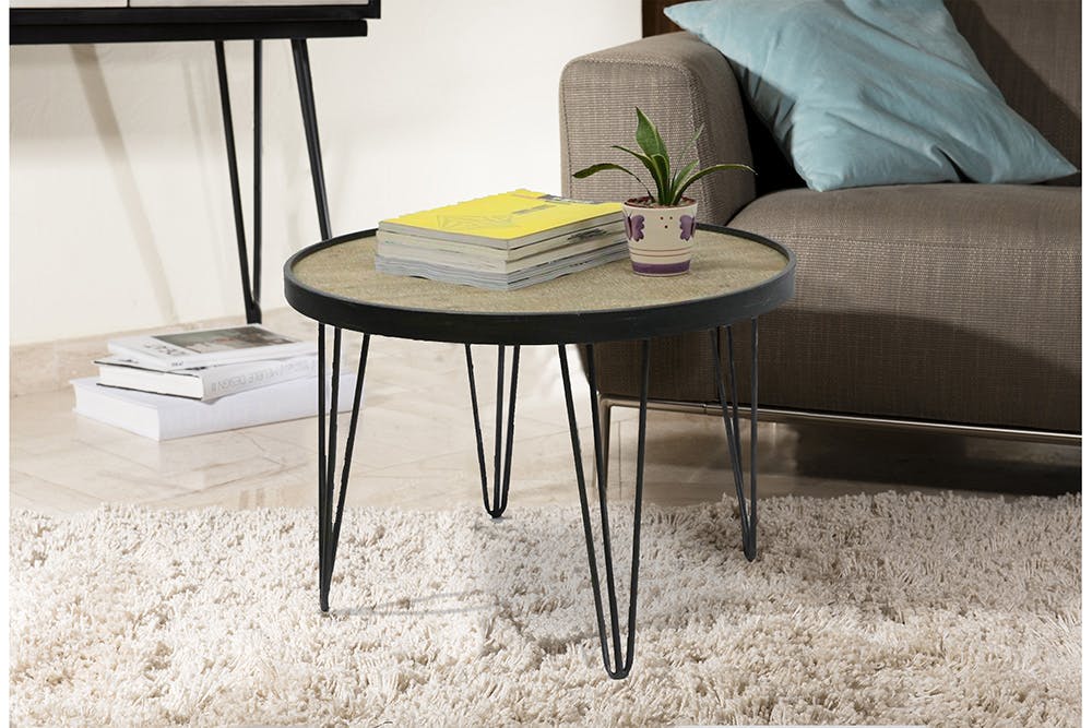 Table ronde D65cm plateau bois cerclé métal et pieds métal en épingle D65xH45cm LAZURO
