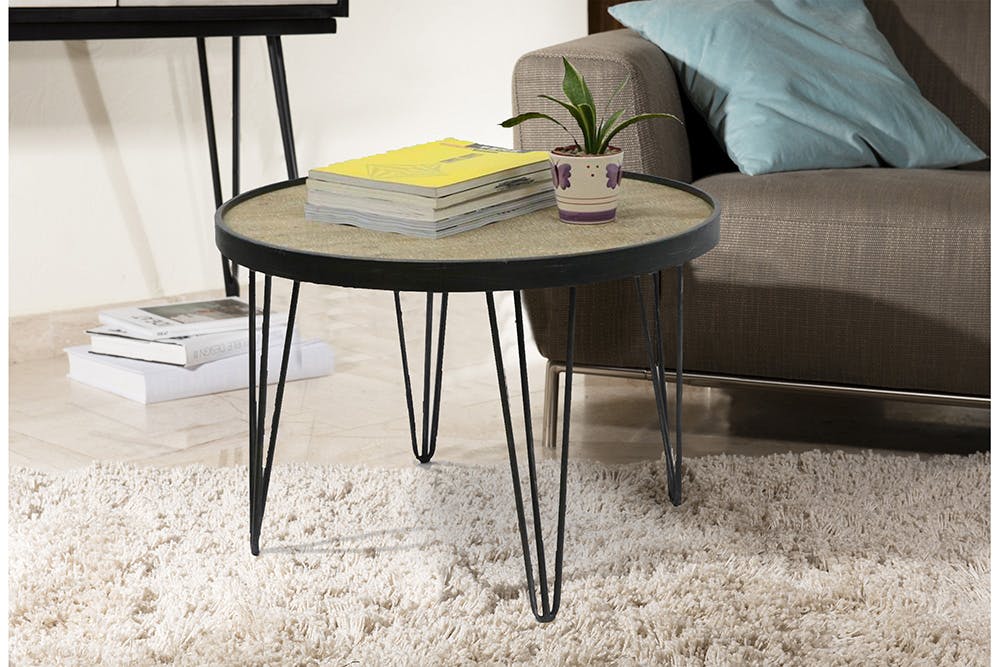 Table ronde D79,5cm plateau bois cerclé métal et pieds métal en épingle D79,5xH54,5cm LAZURO