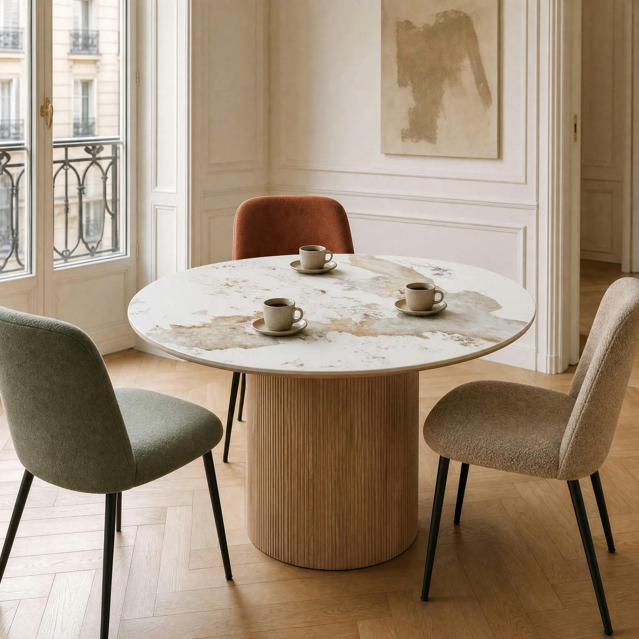 Table ronde en céramique blanche marbrée ø140 cm PRATO
