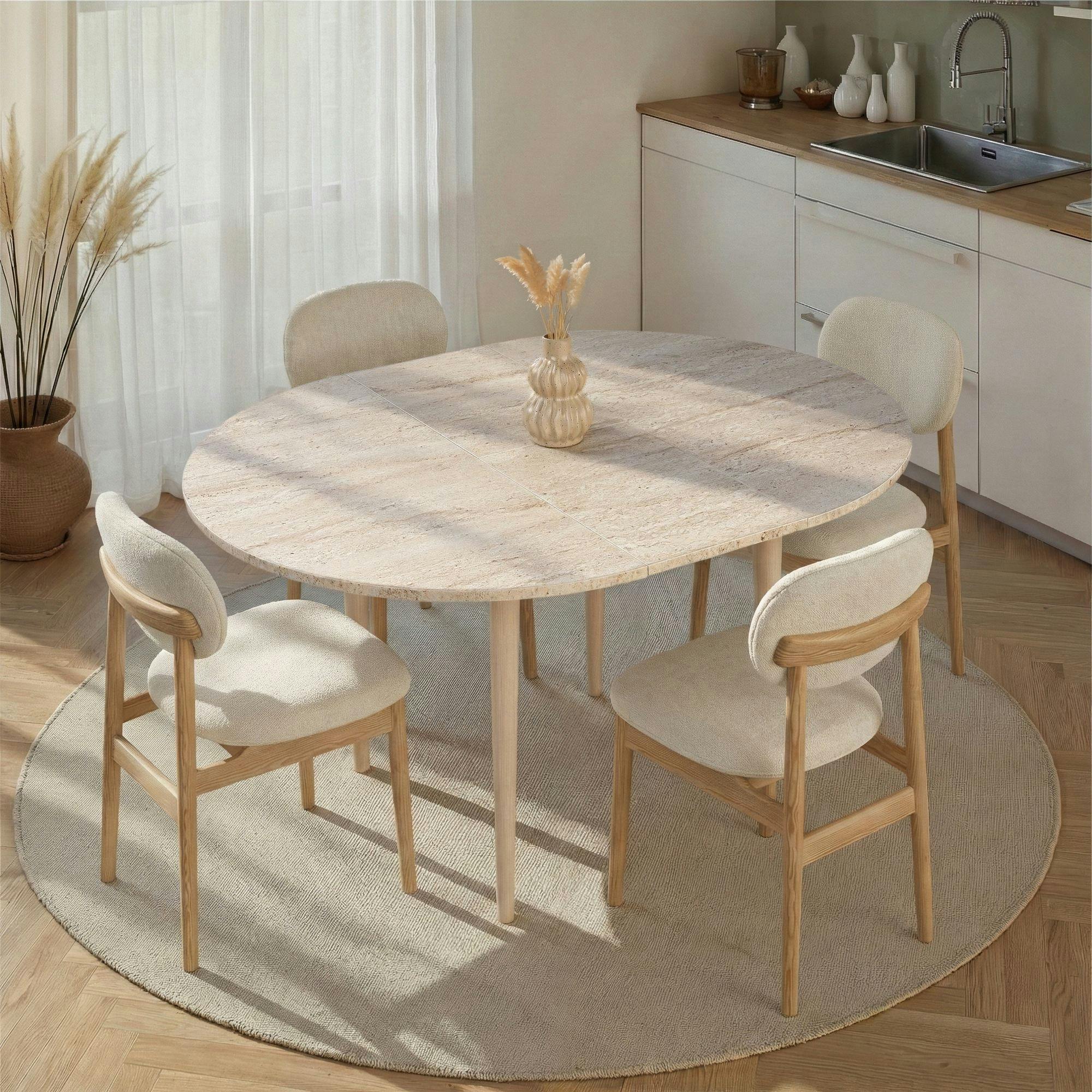 Table ronde extensible effet travertin et bois 100-131 cm MARFA