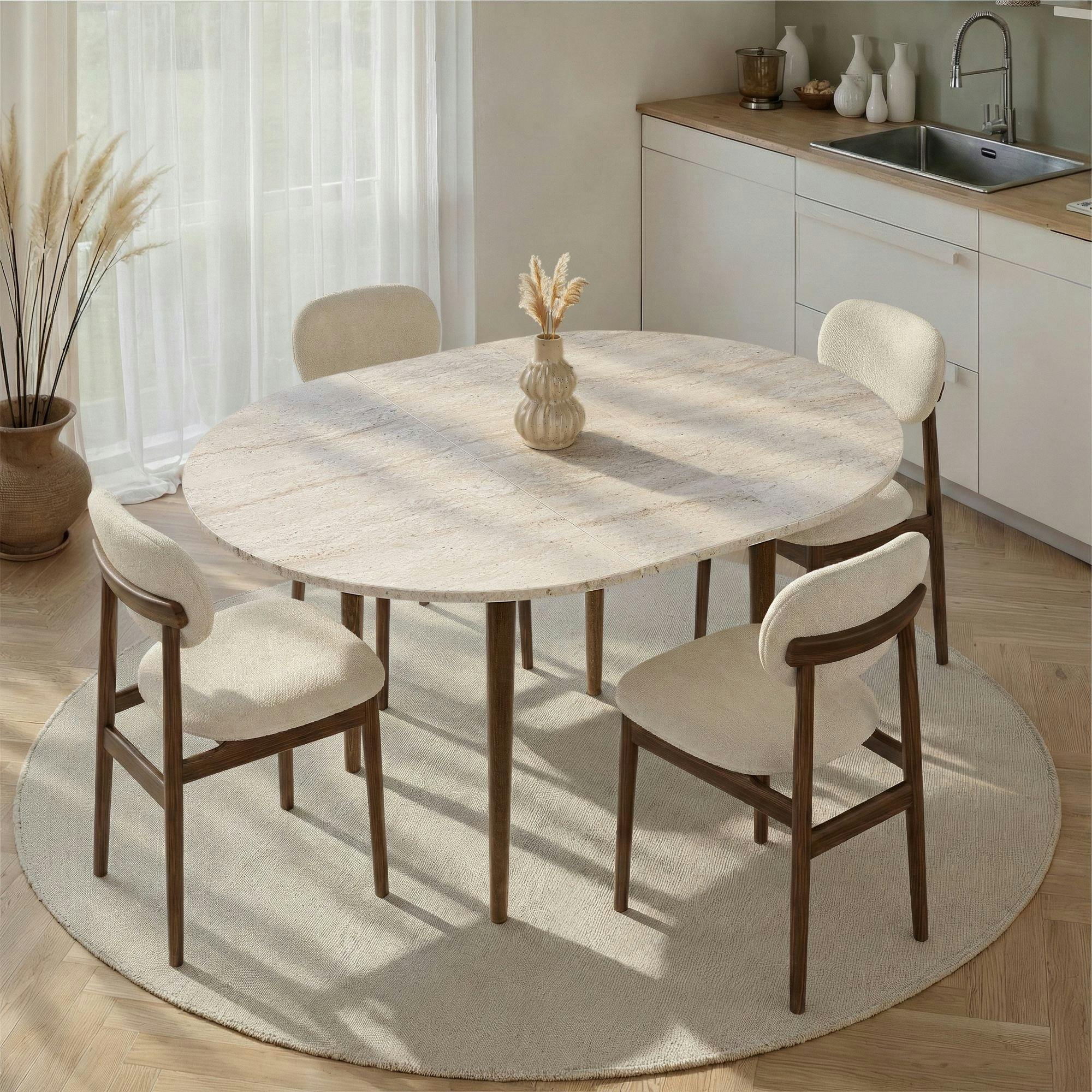 Table ronde extensible effet travertin et noyer 100-131 cm MARFA