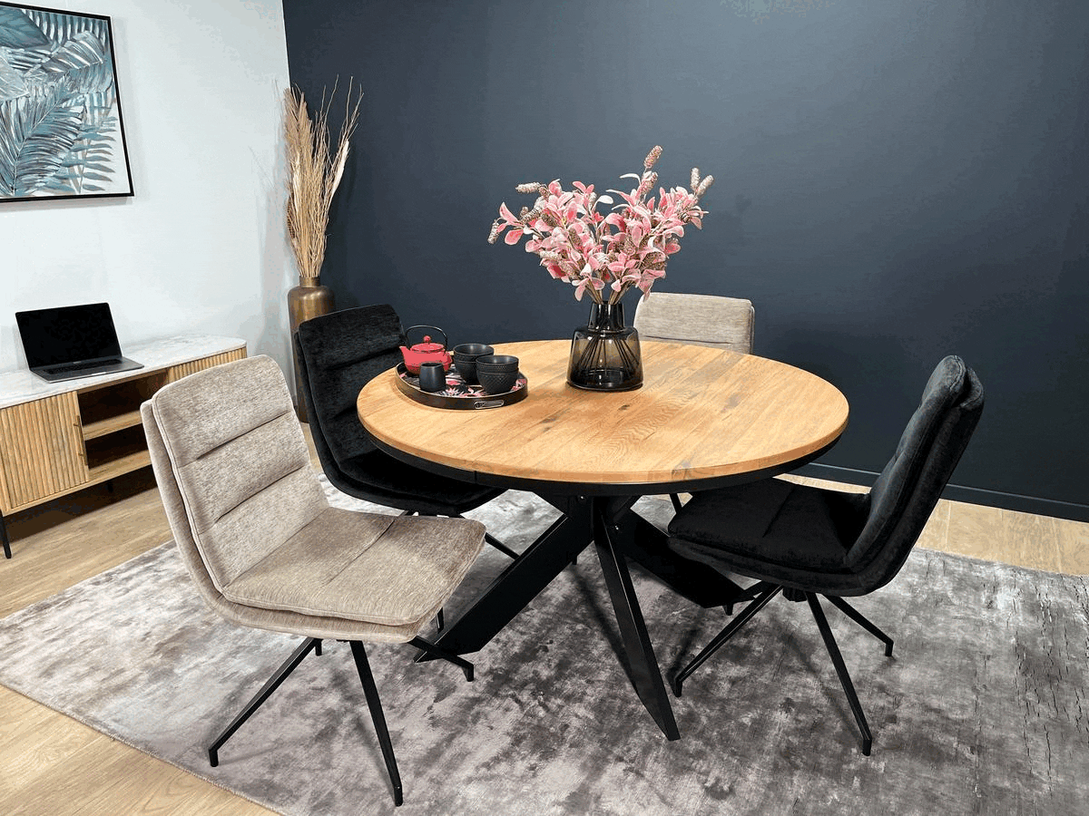 Table ronde extensible SORIN 120 cm – Chêne naturel & pied en chêne