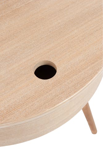 Table ronde frêne couvercle relevable, pieds en hêtre 53x53x54cm