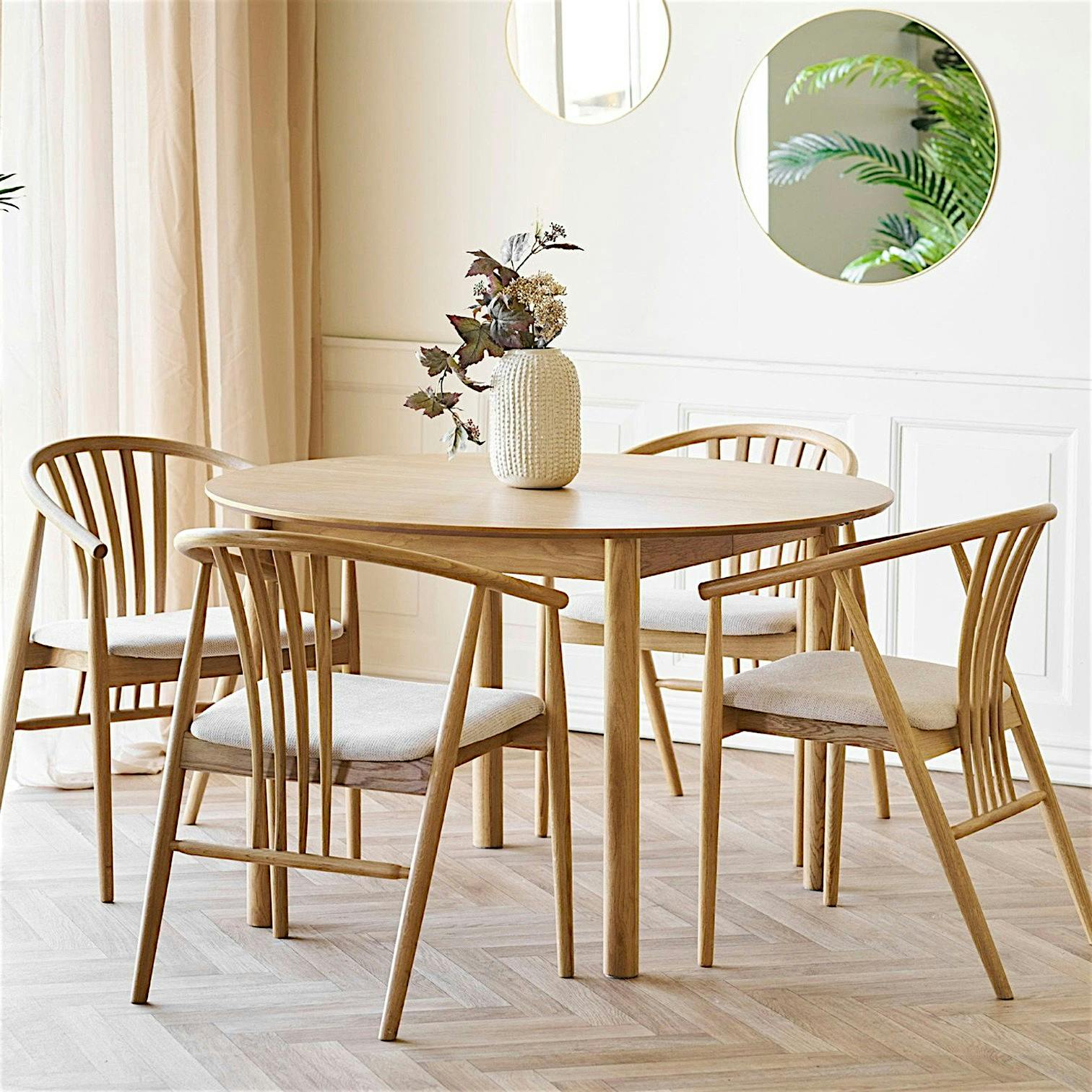 Table ronde placage bois de chêne ø120 + 2 rallonges TARAZ