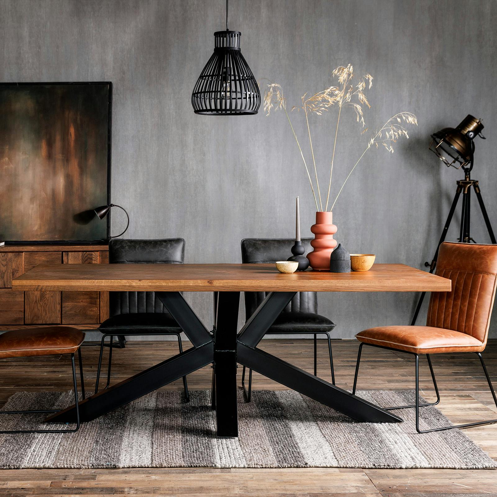Table salle à manger bois métal pied croisé 180 OKA