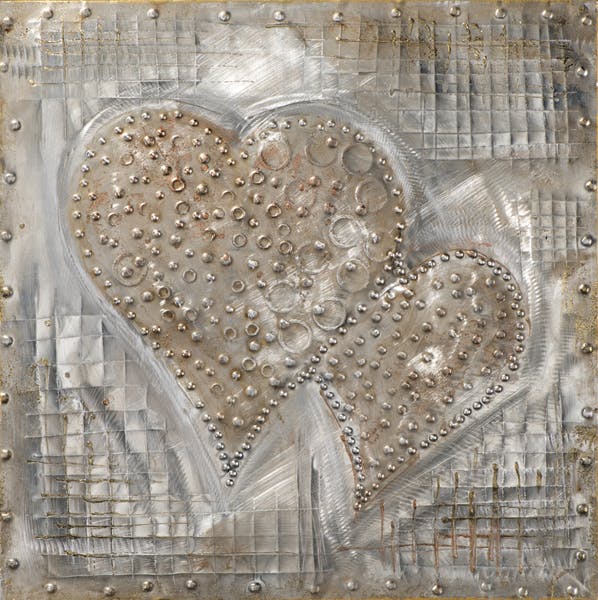 Tableau 2 C?URS peinture sur plaque métal tons bruns, beiges et argentés 60x60cm