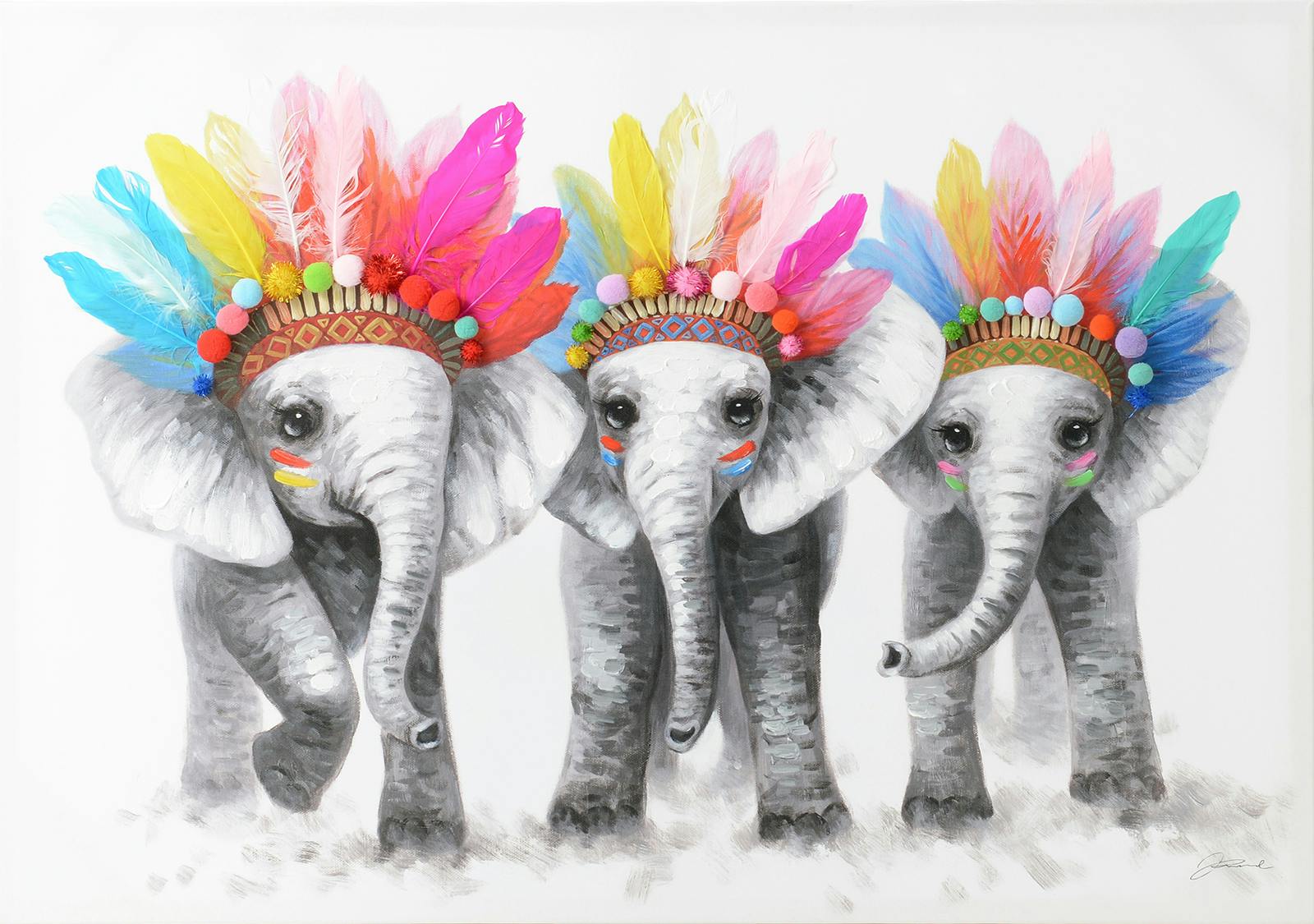 Tableau 3 éléphants avec coiffe d'indien multicolore