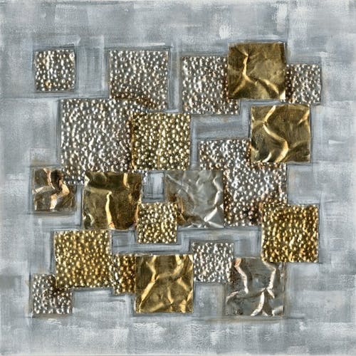 Tableau 70x70, carrés argent et or - peinture acrylique et ajout de matière en relief
