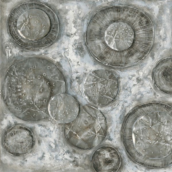 Tableau Abstrait 100x100 Argenté. Ajout d'éléments métal en relief. Peinture acrylique