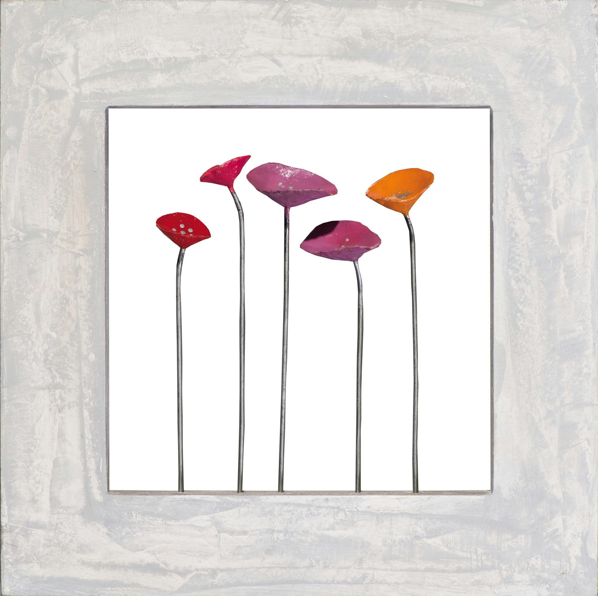 Tableau abstrait 40x40 effet 3D - fleurs colorées, cadre métal