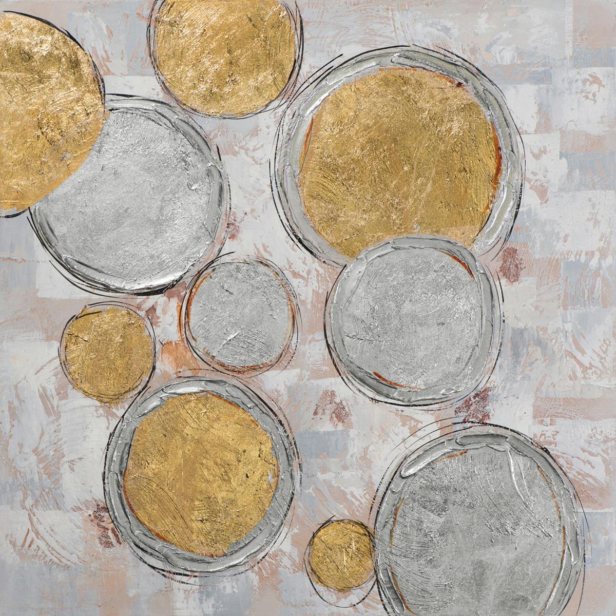 Tableau Abstrait 70x70 Argenté Doré. Peinture acrylique et feuilles métal