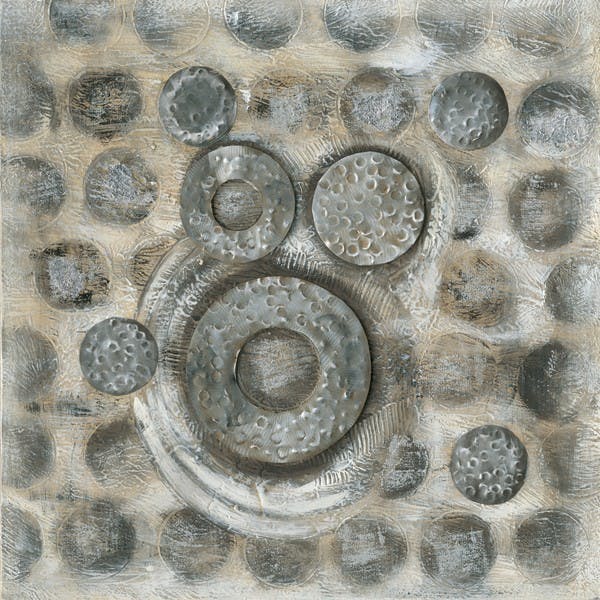 Tableau abstrait 70x70 gris et argent - cercles peints et feuilles métal
