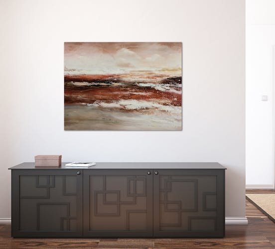 Tableau abstrait 90x120, plage et océan - peinture rouge et grise