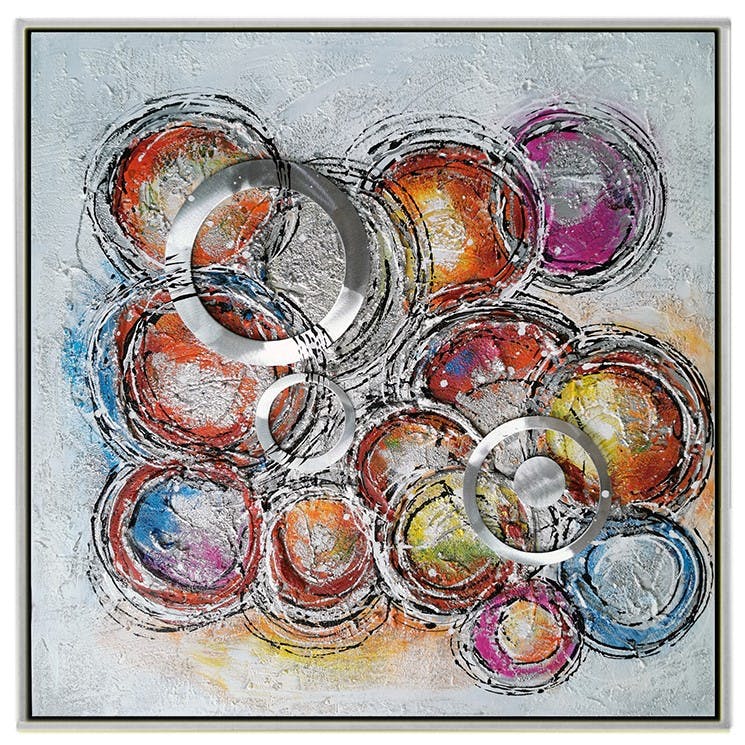 Tableau abstrait anneaux métalliques multicolores cadre argent