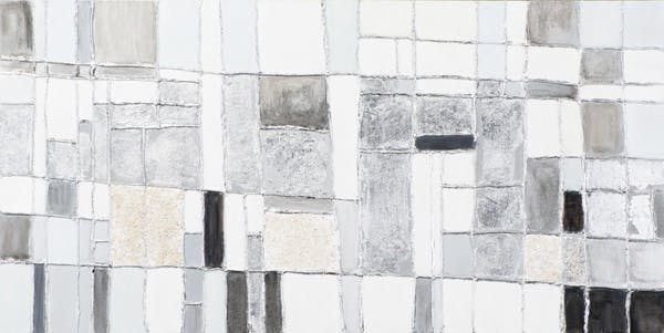 Tableau ABSTRAIT assemblage de Carrés imparfaits tons gris, argentés et noirs 140x70cm