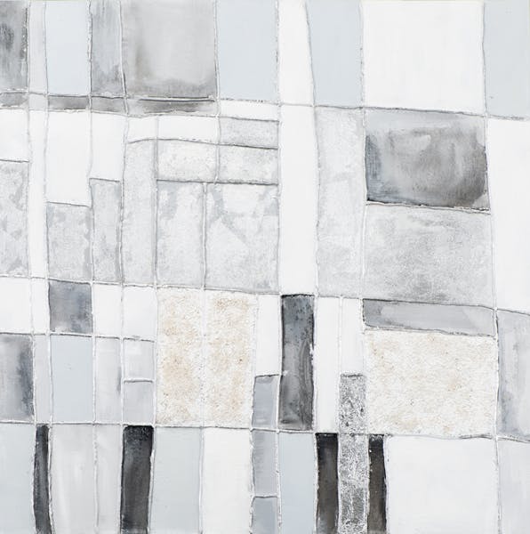 Tableau ABSTRAIT Assemblage de Formes Géométriques irrégulières tons argentés, gris, blancs et dorés 100x100cm