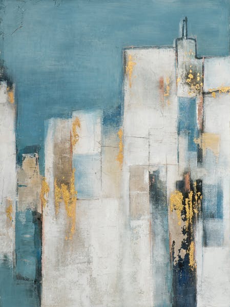 Tableau abstrait bandes bleu, gris et or
