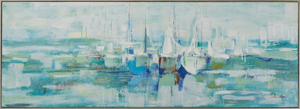 Tableau ABSTRAIT Bateaux tons bleus, verts, blancs et beiges 52x142cm
