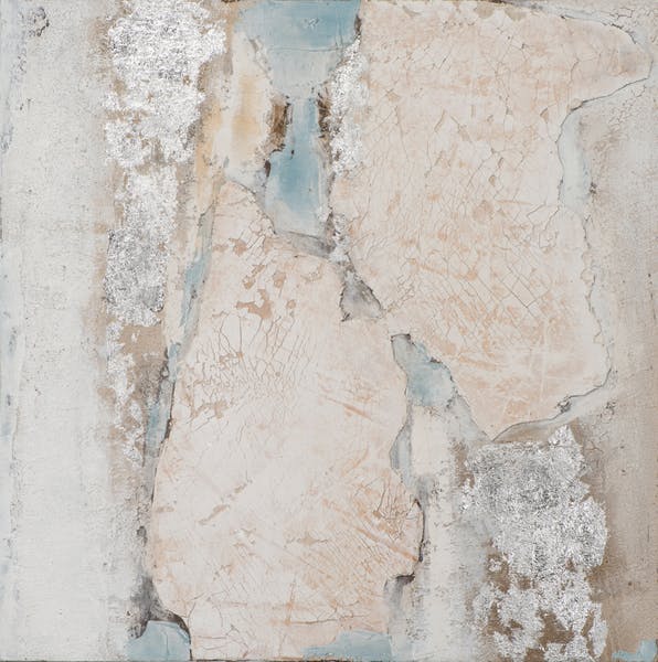 Tableau abstrait beige, bleu, argent